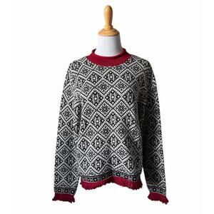 VTG Talbots Black/White Fair Isle Nordic w/ Red Mock Neck & Fringe Trim Sweater